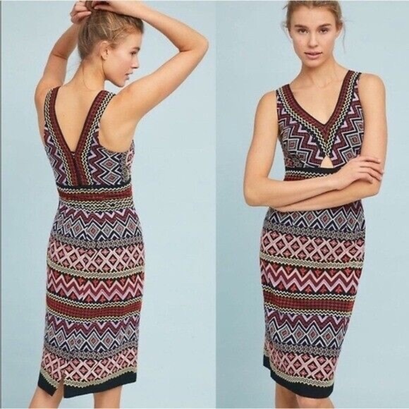 Akemi & Kin Embroidered V Neck Midi Dress | Anthropologie | size 4 - Picture 1 of 16